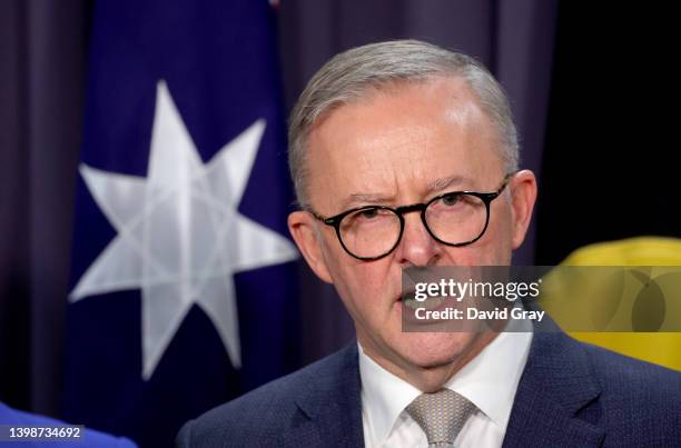 Prime Minister Anthony Albanese speaks during a press conference at Parliament House on May 23, 2022 in Canberra, Australia. Anthony Albanese was...