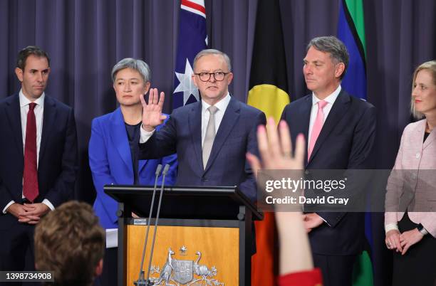 Prime Minister Anthony Albanese speaks as he stands next to Jim Chalmers, Penny Wong, Richard Marles and Katy Gallagher during a press conference at...