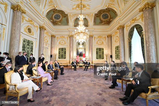 President Joe Biden and Japanese Prime Minister Fumio Kishida attend the Japan-US summit meeting at Akasaka State Guest House on May 23, 2022 in...