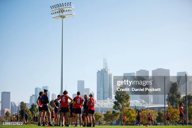 Demons players in action during a Narrm / Melbourne Demons AFL training session at Olympic Park on May 23, 2022 in Melbourne, Australia.