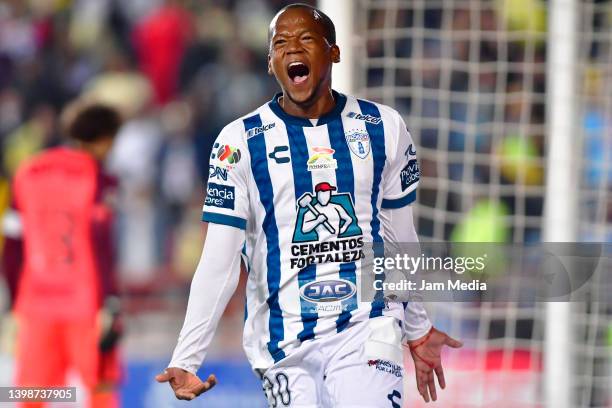 Romario Ibarra of Pachuca celebrates after scoring his team's third goal during the semifinal second leg match between Pachuca and America as part of...