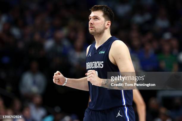 Luka Doncic of the Dallas Mavericks reacts to a play during the fourth quarter against the Golden State Warriors in Game Three of the 2022 NBA...