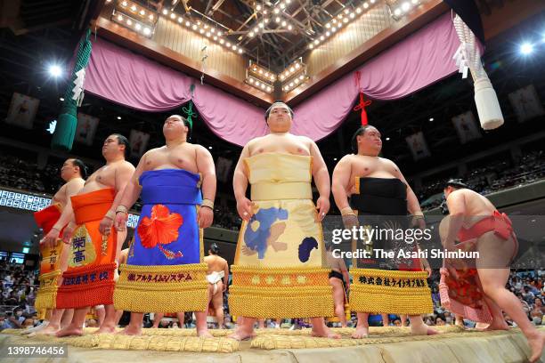 Wrestlers line up during day fifteen of the Grand Sumo Summer Tournament at Ryogoku Kokugikan on May 22, 2022 in Tokyo, Japan.