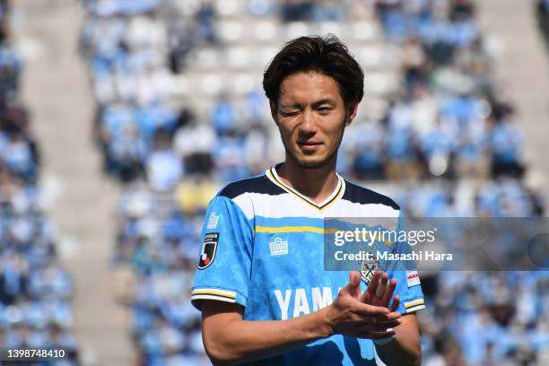 Kenyu Sugimoto of Jubilo Iwata looks on prior to the J.LEAGUE Meiji Yasuda J1 14th Sec. Match between Jubilo Iwata and Hokkaido Consadole Sapporo at...