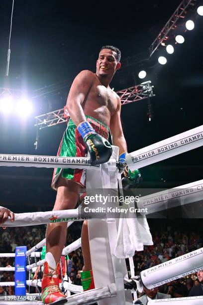 David Benavidez celebrates defeating David Lemieux via TKO by corner stoppage in the WBC Super Middleweight Interim Title fight during a Premier...