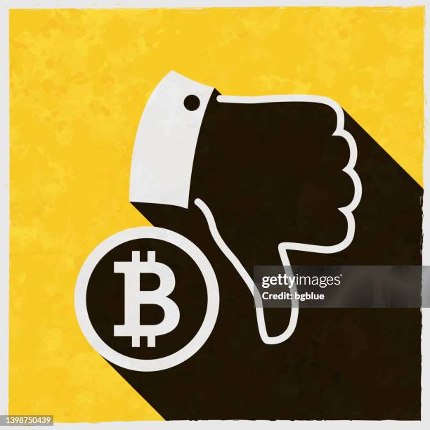 bitcoin coin with thumbs down. icon with long shadow on textured yellow background - missing poster stock illustrations