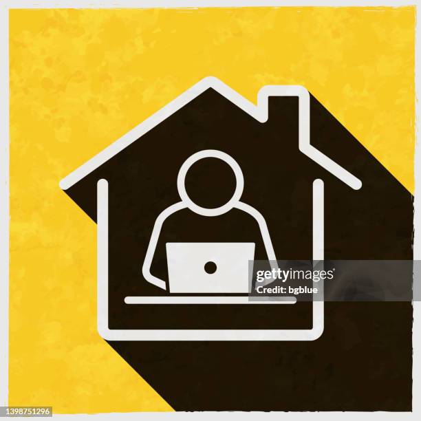 work from home. icon with long shadow on textured yellow background - study room background stock illustrations