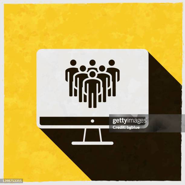 ilustrações, clipart, desenhos animados e ícones de mídias sociais no computador de mesa. ícone com sombra longa no fundo amarelo texturizado - public celebratory event