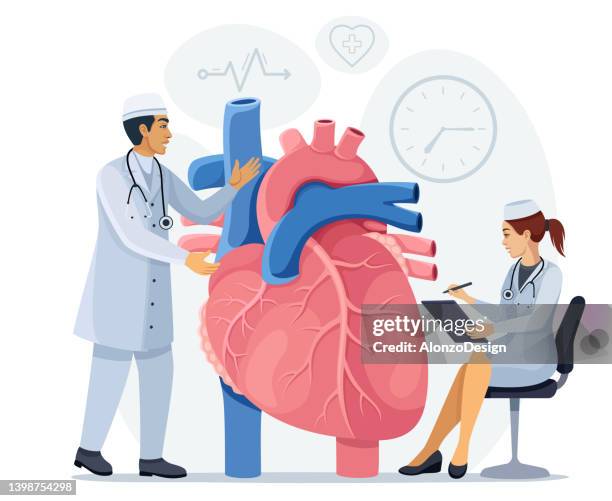 doctors examining heart health. human heart medical exam. - small man and tall woman stock illustrations