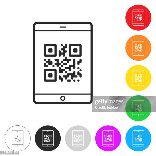 ilustraciones, imágenes clip art, dibujos animados e iconos de stock de tablet pc con código qr. icono en botones coloridos - qr-code-scan-icon