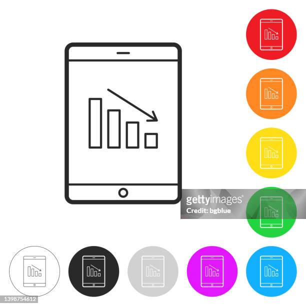 decreasing chart on tablet pc. icon on colorful buttons - flat line graph stock illustrations