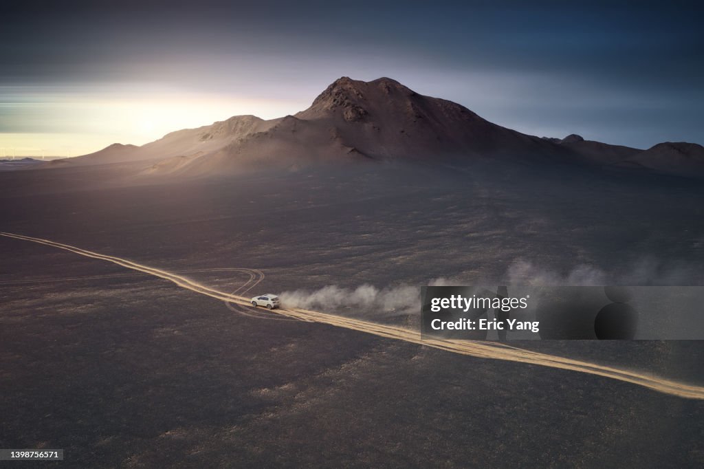 Driving on desert road