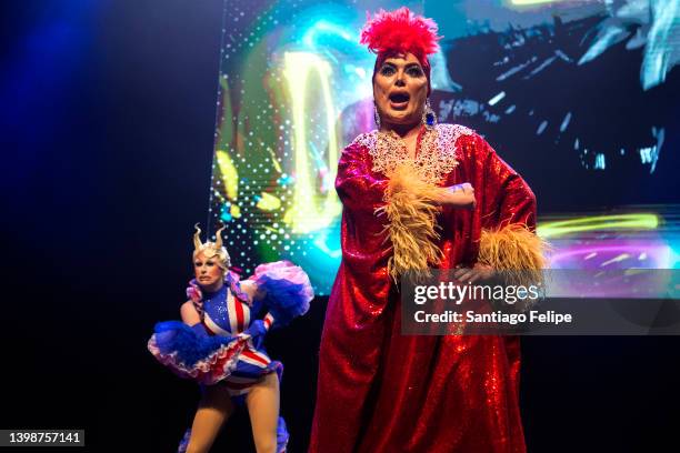 Baga Chipz and Blu Hydrangea perform onstage during 'RuPaul's Drag Race British Invasion' at Terminal 5 on May 22, 2022 in New York City.