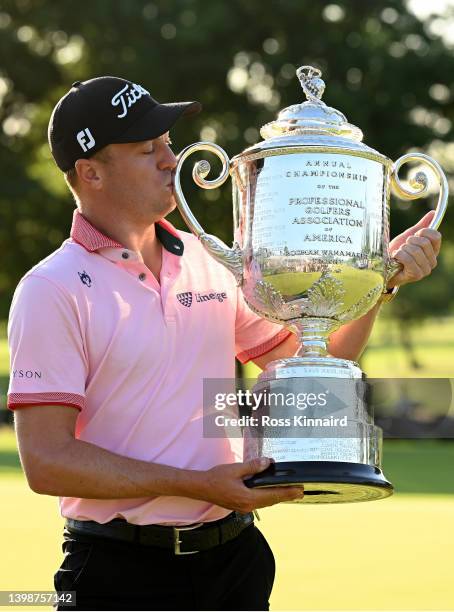 Justin Thomas of the USA celebrates with the Wanamaker Trophy after the final round of the PGA Championship at Southern Hills Country Club on May 22,...