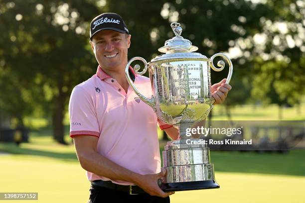 Justin Thomas of the USA celebrates with the Wanamaker Trophy after the final round of the PGA Championship at Southern Hills Country Club on May 22,...