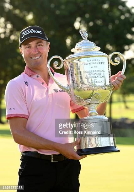 Justin Thomas of the USA celebrates with the Wanamaker Trophy after the final round of the PGA Championship at Southern Hills Country Club on May 22,...
