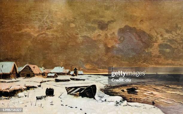 golden winter evening at the sea - winter beach stock illustrations