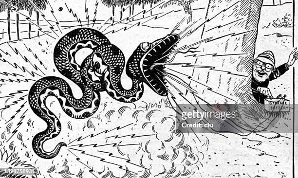 the electric snake trap, snake reaction after swallowing the bait - river snake stock illustrations