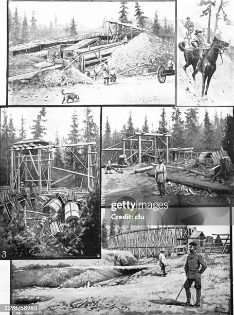 gold panning in siberia, composite image - prospecting stock illustrations