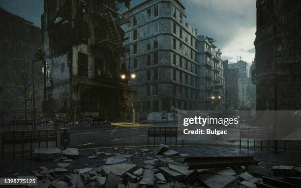 post apocalyptic torrential rain - destroyed city stock pictures, royalty-free photos & images