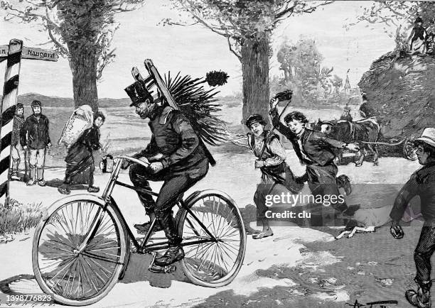 the chimney sweep on the bicycle is being followed by happy running boys - chimney sweep stock illustrations