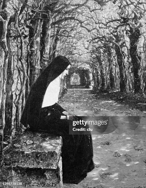 stockillustraties, clipart, cartoons en iconen met a nun sitting on a stone bench in the pergola, side view - zuster