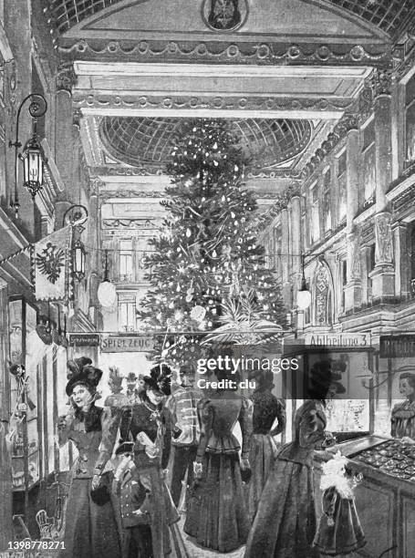 vienna christmas shopping - black and white christmas stock illustrations