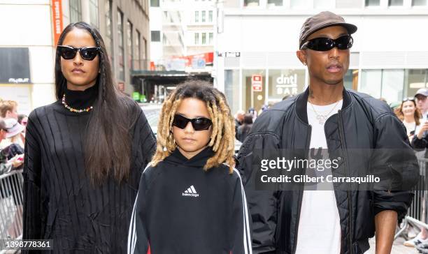 Helen Lasichanh, Rocket Ayer Williams and Pharrell Williams are seen leaving the Balenciaga Spring 2023 fashion show at New York Stock Exchange on...