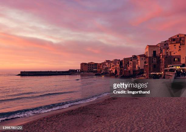 panorama of cefalu harbor at sunset - sicilia stock pictures, royalty-free photos & images