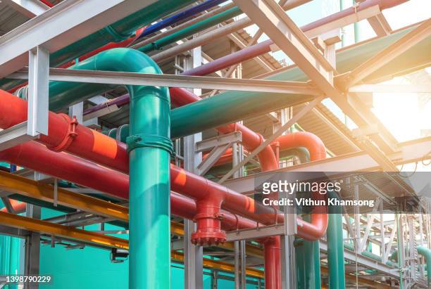 pipeline system of industrial zone, steel pipeline and valves at factory, pump and motor which popular to install with pipe at industrial such chemical, power plant, oil and gas, cooling tower. - air valve fotografías e imágenes de stock