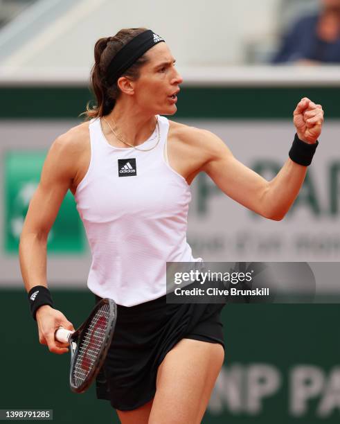 Andrea Petkovic of Germany celebrates against Oceane Dodin of France during the Women's Singles First Round match on Day 2 of The 2022 French Open at...