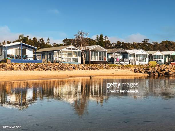 seaside holiday cabins in summer - shoalhaven stock pictures, royalty-free photos & images