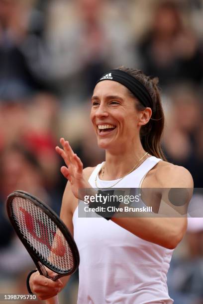 Andrea Petkovic of Germany celebrates against Oceane Dodin of France during the Women's Singles First Round match on Day 2 of The 2022 French Open at...