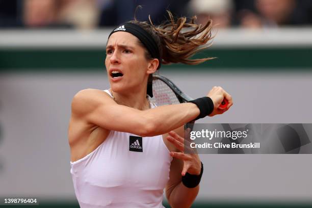 Andrea Petkovic of Germany plays a forehand against Oceane Dodin of France during the Women's Singles First Round match on Day 2 of The 2022 French...