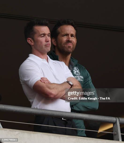 Wrexham owners Rob McElhenney and Ryan Reynolds during the Buildbase FA Trophy Final between Bromley and Wrexham at Wembley Stadium on May 22, 2022...