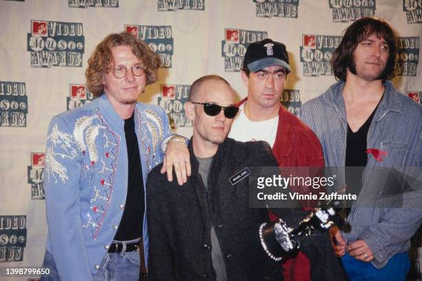 American rock band REM in the press room of the 1994 MTV Video Music Awards, held at Radio City Music Hall in New York City, New York, 8th September...