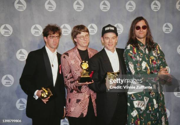 American rock band REM in the press room of the 34th Grammy Awards, held at Radio City Music Hall in New York City, New York, 25th February 1992. The...