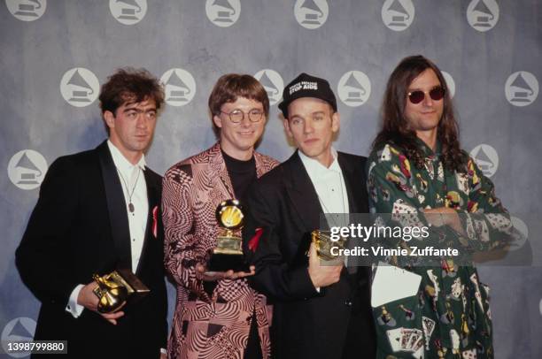 American rock band REM in the press room of the 34th Grammy Awards, held at Radio City Music Hall in New York City, New York, 25th February 1992. The...