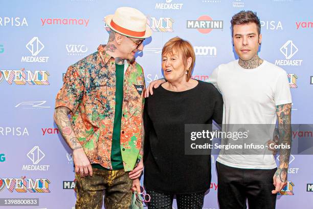 Ax, secretary of the TOG Foundation Antonia Madella Noja and Fedez attend "Love MI" Press Conference And Photocall at Palazzo Reale on May 23, 2022...