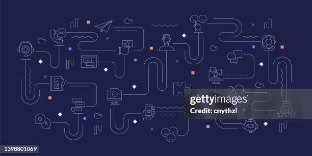 customer support related vector banner design concept, modern line style with icons - online support illustration stock illustrations