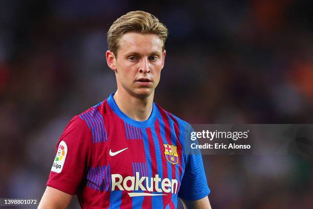 Frenkie De Jong of FC Barcelona looks on during the LaLiga Santander match between FC Barcelona and Villarreal CF at Camp Nou on May 22, 2022 in...