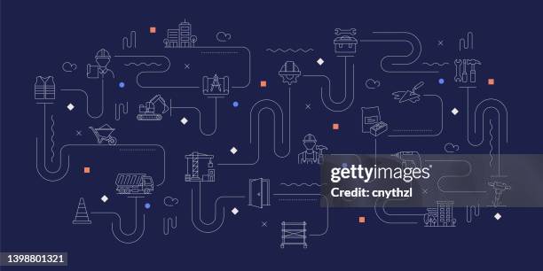 construction and buildings related vector banner design concept, modern line style with icons - building elements stock illustrations