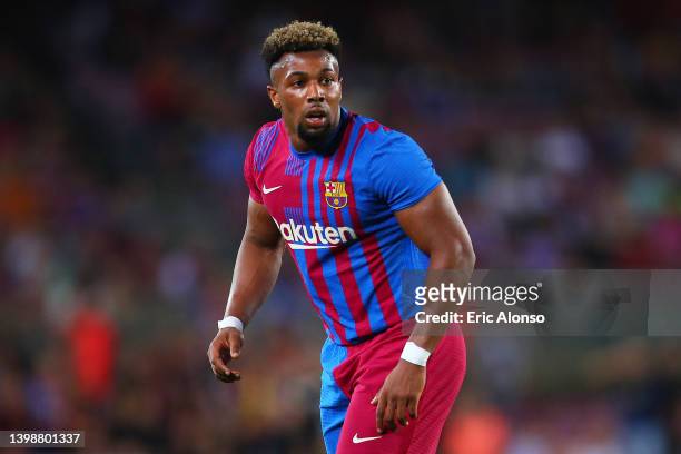 Adama Traore of FC Barcelona looks on during the LaLiga Santander match between FC Barcelona and Villarreal CF at Camp Nou on May 22, 2022 in...