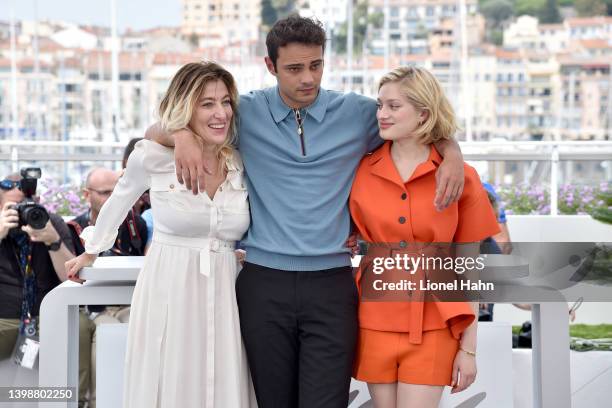 Valeria Bruni Tedeschi, Sofiane Bennacer and Nadia Tereszkiewicz attend the photocall for "Forever Young " during the 75th annual Cannes film...