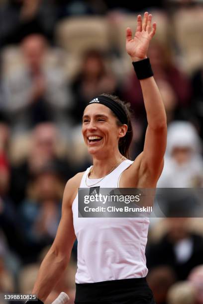 Andrea Petkovic of Germany celebrates to the crowd after the straight sets victory against Oceane Dodin of France during the Women's Singles First...