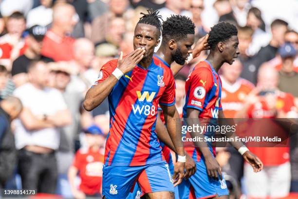 Wilfried Zaha of Crystal Palace celebrates after scoring goal during the Premier League match between Crystal Palace and Manchester United at...
