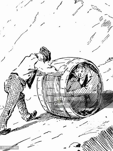 difficulty for the barrel roller, a man sitting inside - barrel stock illustrations