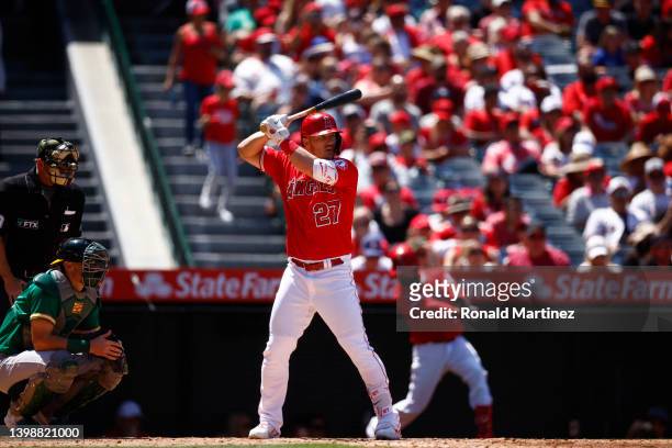 Mike Trout of the Los Angeles Angels in the fifth inning at Angel Stadium of Anaheim on May 22, 2022 in Anaheim, California.