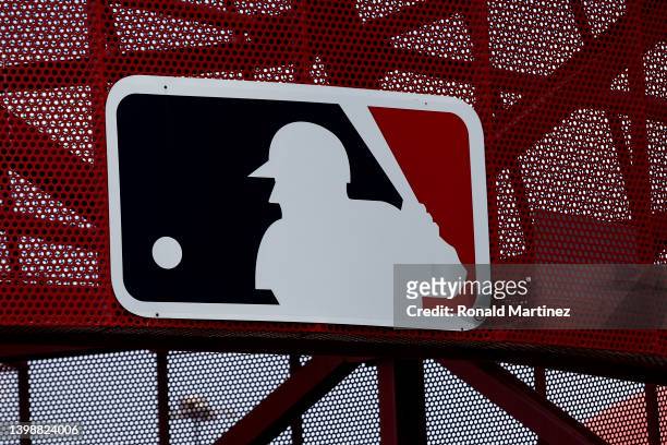 Logo is seen before a game between the Oakland Athletics and the Los Angeles Angels at Angel Stadium of Anaheim on May 22, 2022 in Anaheim,...