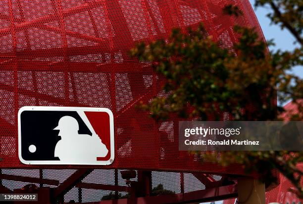 Logo is seen before a game between the Oakland Athletics and the Los Angeles Angels at Angel Stadium of Anaheim on May 22, 2022 in Anaheim,...